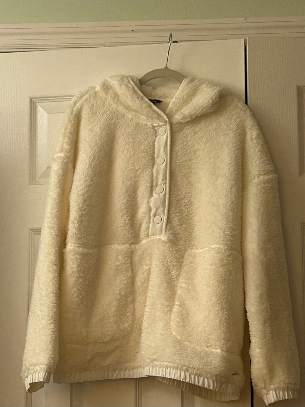 Eddie Bauer Oversized Sherpa Hoodie L Cream Fleece Snap Pullover Teddy Cozy Warm